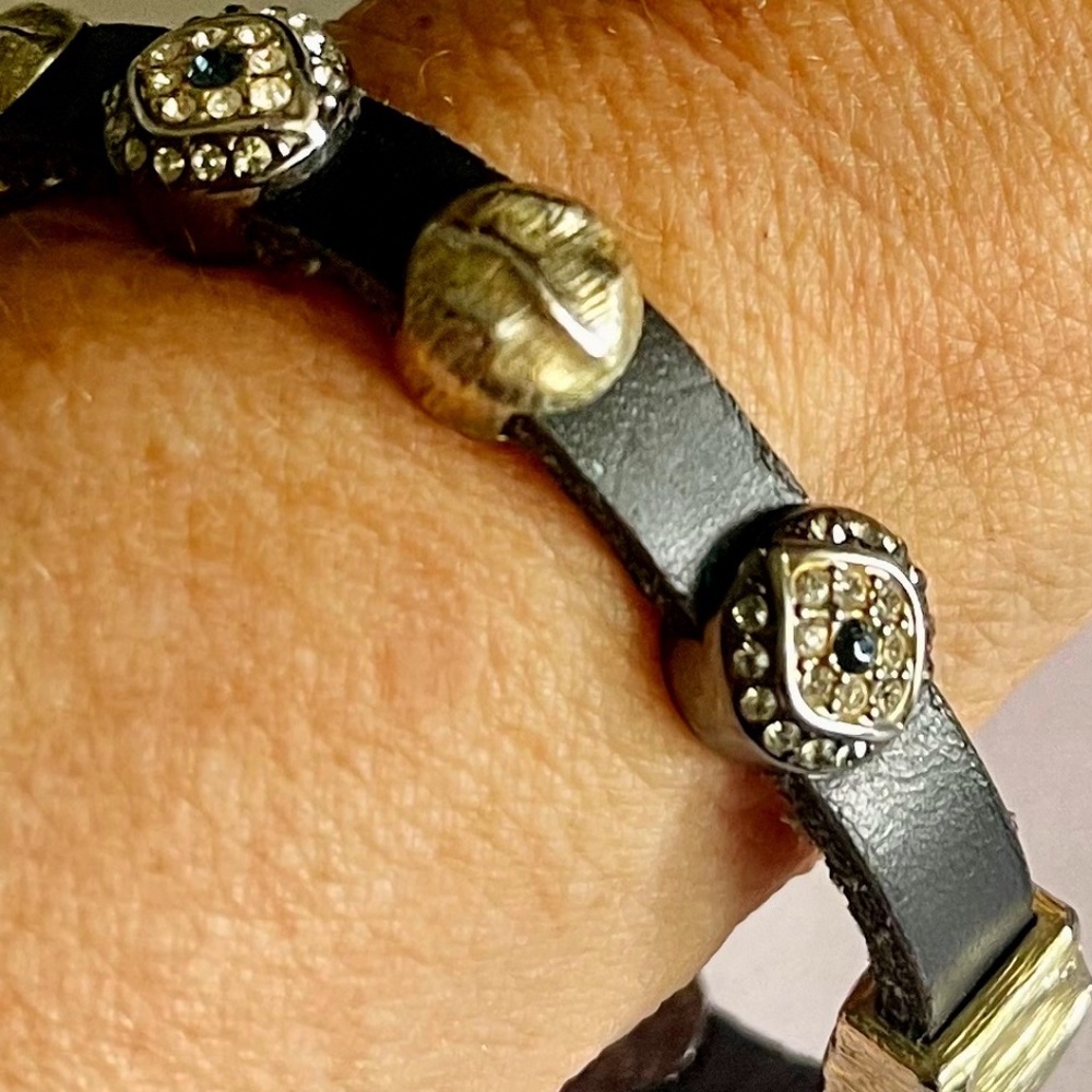 Slick Black Leather Bracelet with Evil Eye Stations and Magnetic Clasp